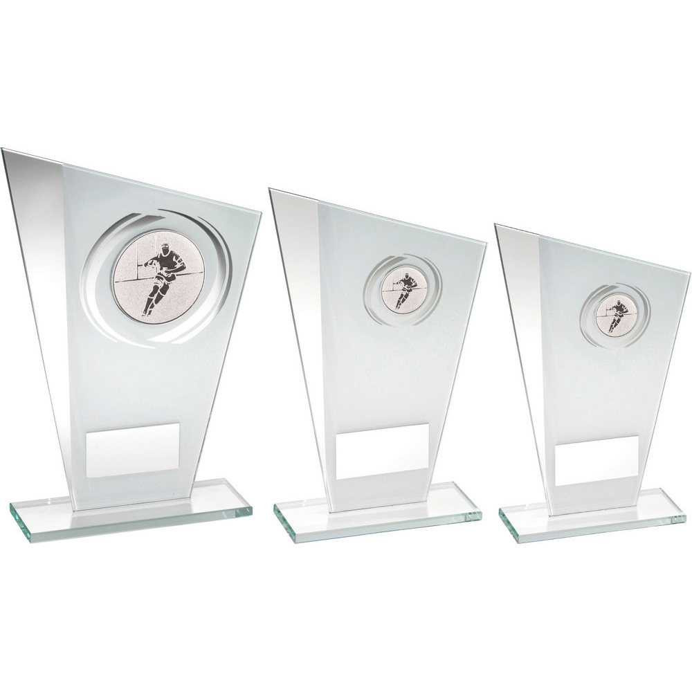 White/Silver Printed Glass Plaque With Rugby Insert Trophy