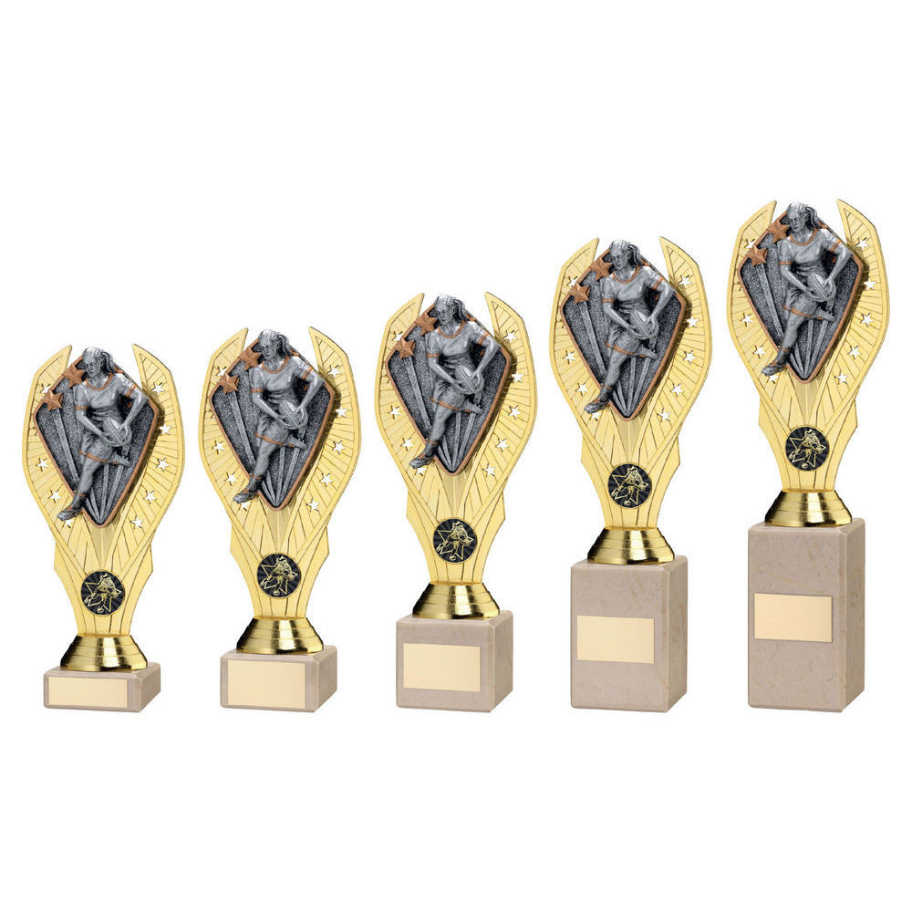 Gold Plastic Holder & Female Rugby Disc on Cream Marble Trophy
