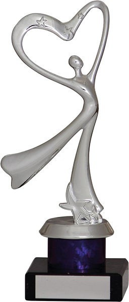 Dance Heart Figurine on Tube in Silver and Purple on Black Marble Base