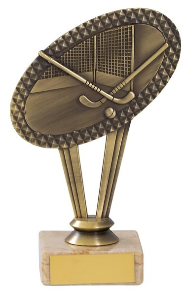 Antique Gold Metal Hockey Trophy On Marble Base