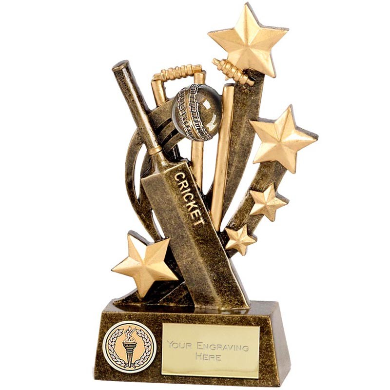 This cricket trophy features a cricket bat and ball with shooting star deta...