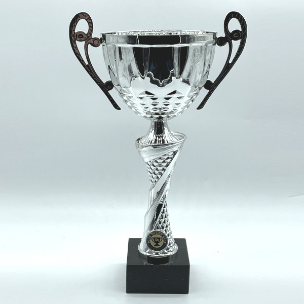 Tall Silver Cup with Handles on Marble Base