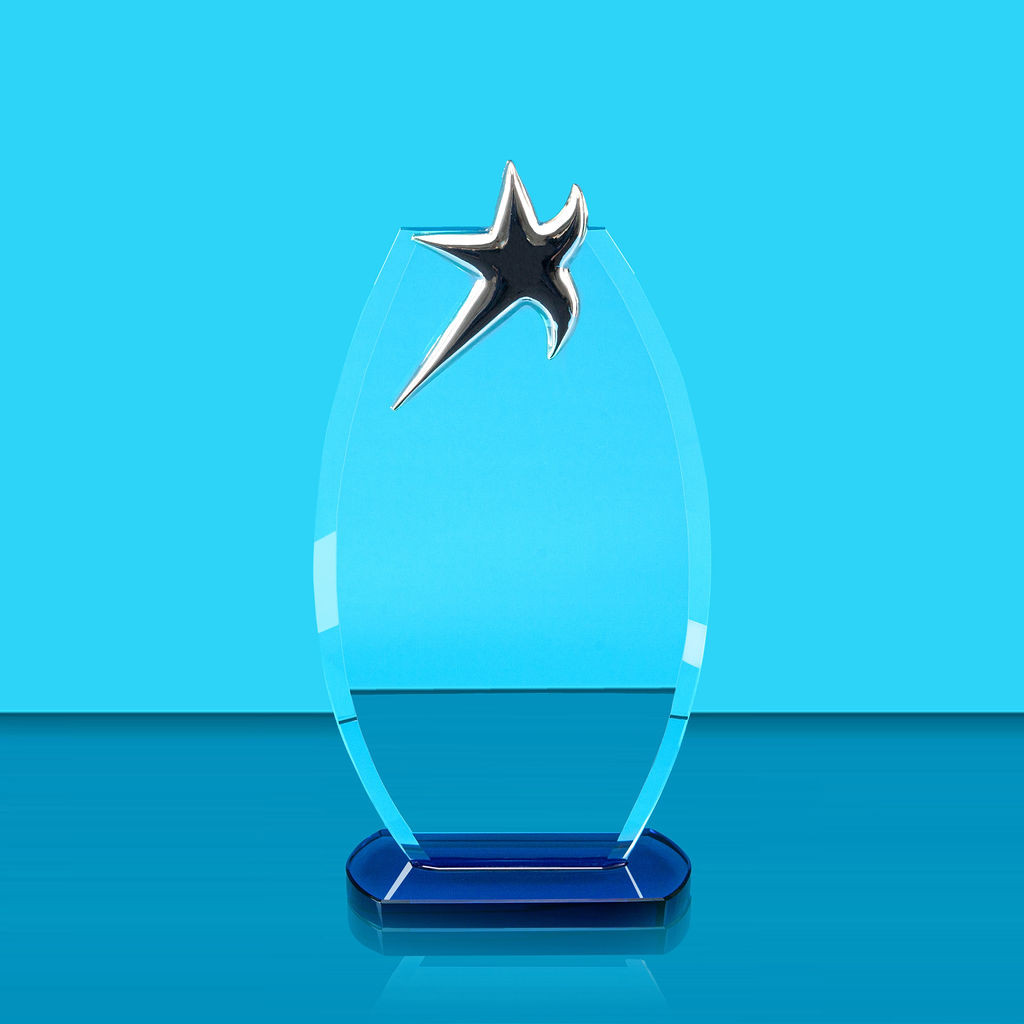 Clear Glass Award with Metal Silver Star and Blue Tinted Base