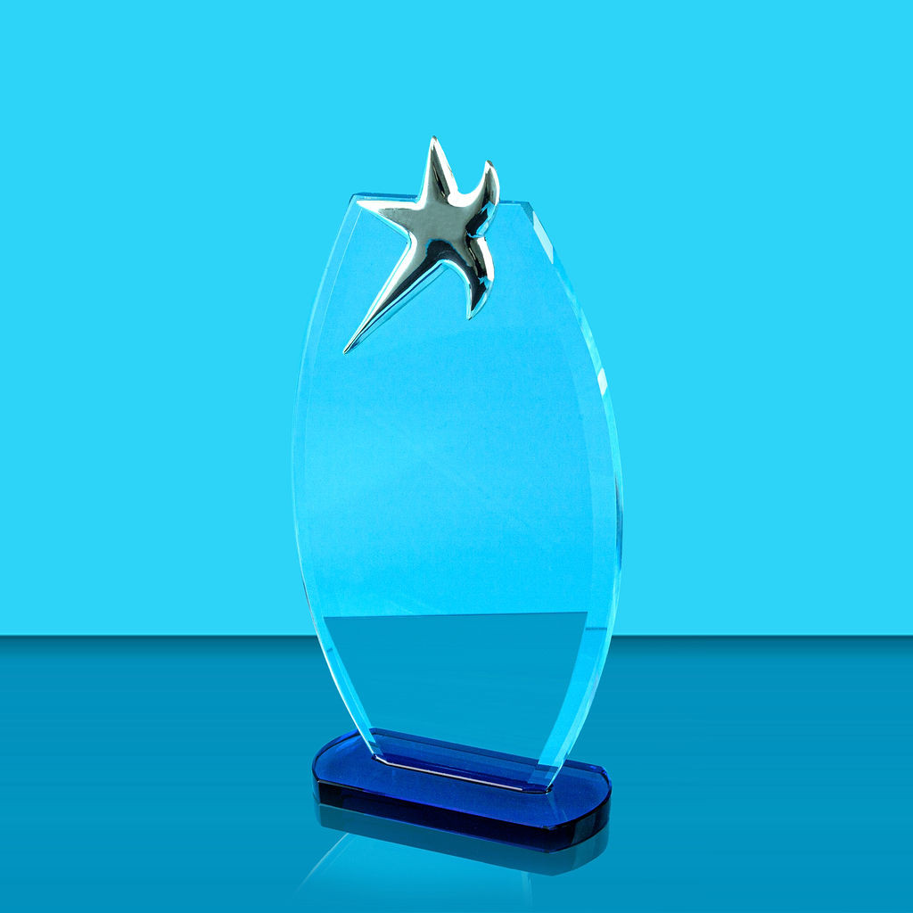 Clear Glass Award with Metal Silver Star and Blue Tinted Base