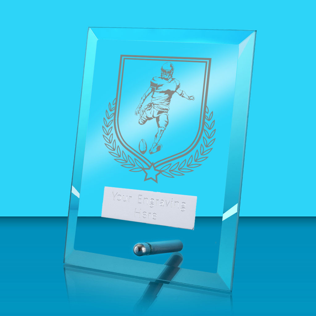UV Colour Printed American Football Glass Rectangle Award with Metal Pin