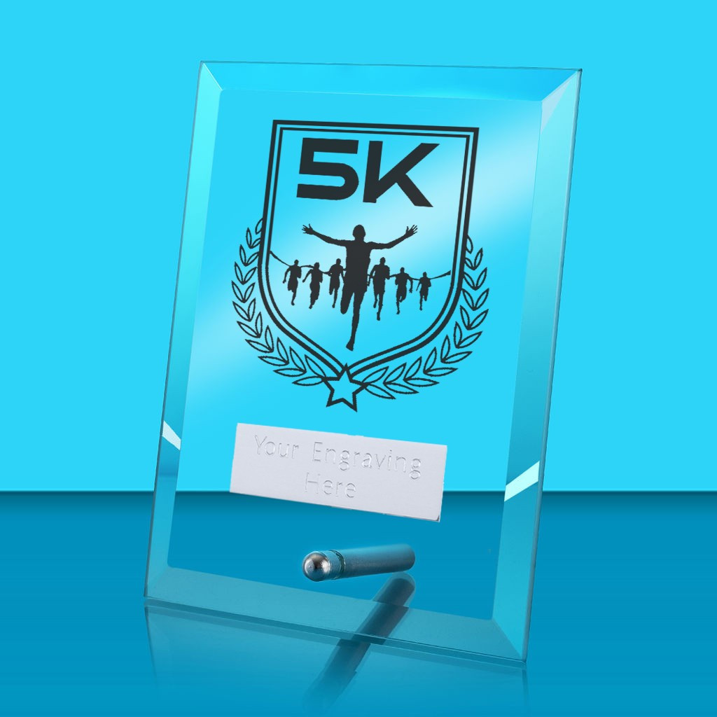 UV Colour Printed 5K Run Glass Rectangle Award with Metal Pin