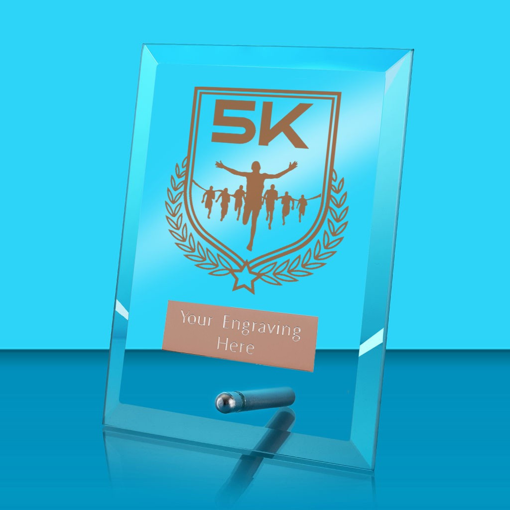 UV Colour Printed 5K Run Glass Rectangle Award with Metal Pin