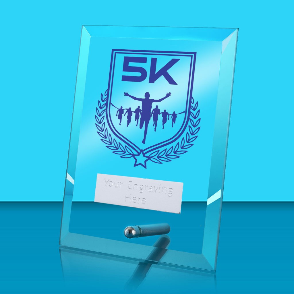 UV Colour Printed 5K Run Glass Rectangle Award with Metal Pin