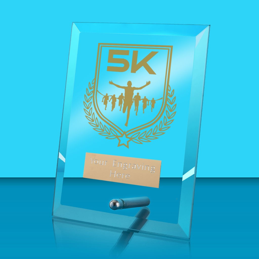 UV Colour Printed 5K Run Glass Rectangle Award with Metal Pin