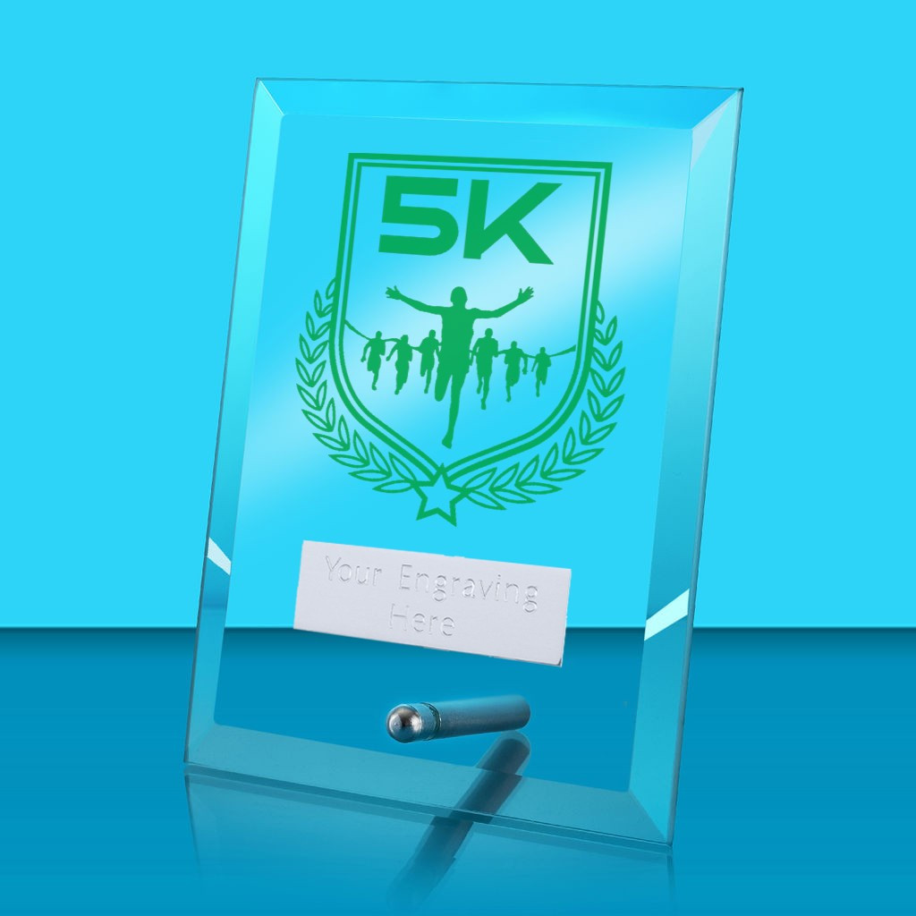 UV Colour Printed 5K Run Glass Rectangle Award with Metal Pin