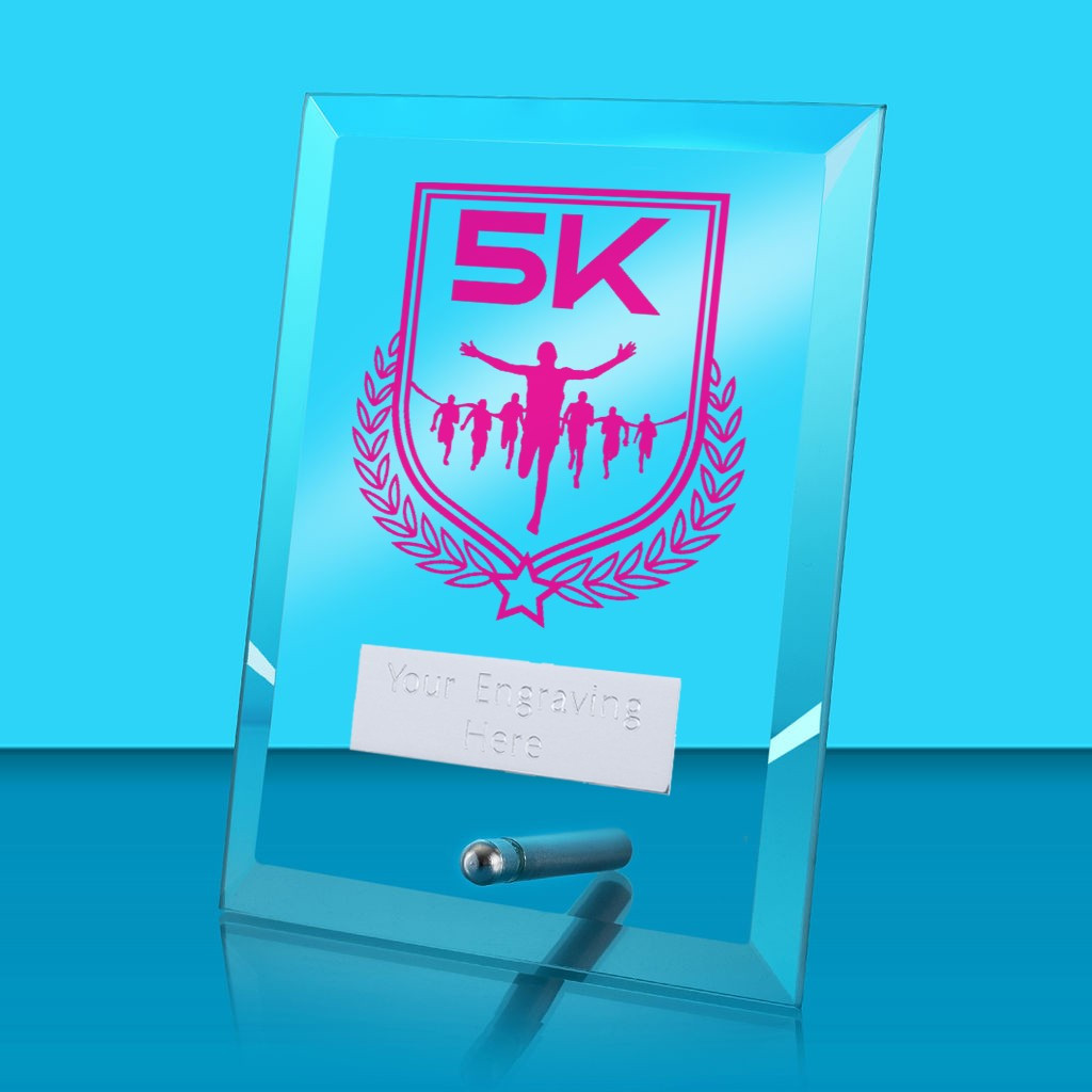 UV Colour Printed 5K Run Glass Rectangle Award with Metal Pin