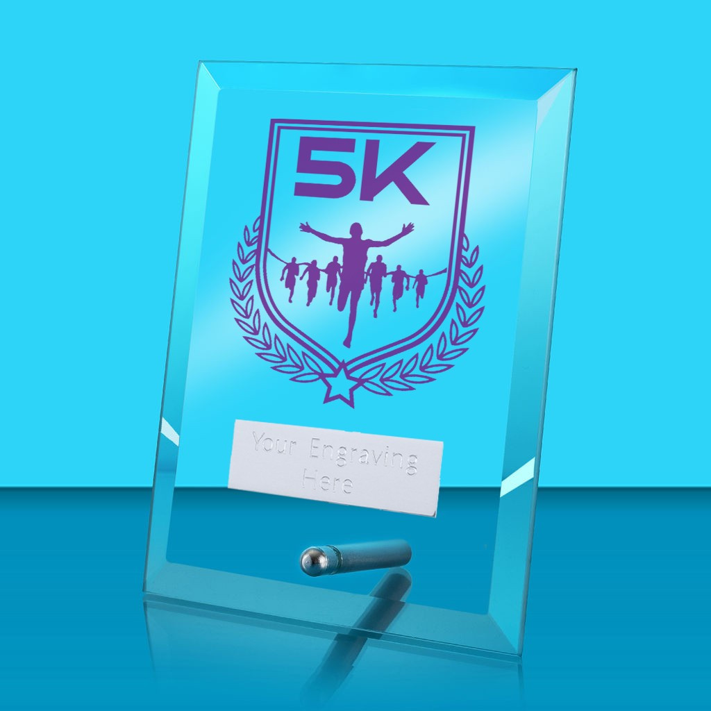 UV Colour Printed 5K Run Glass Rectangle Award with Metal Pin