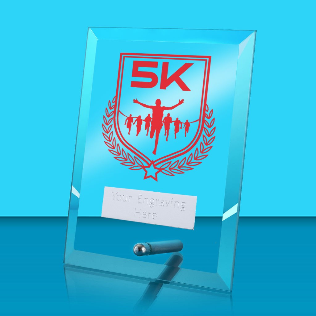 UV Colour Printed 5K Run Glass Rectangle Award with Metal Pin