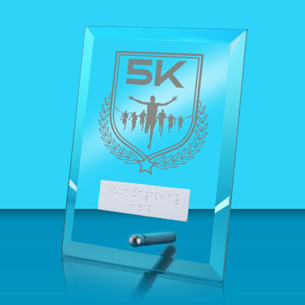 UV Colour Printed 5K Run Glass Rectangle Award with Metal Pin