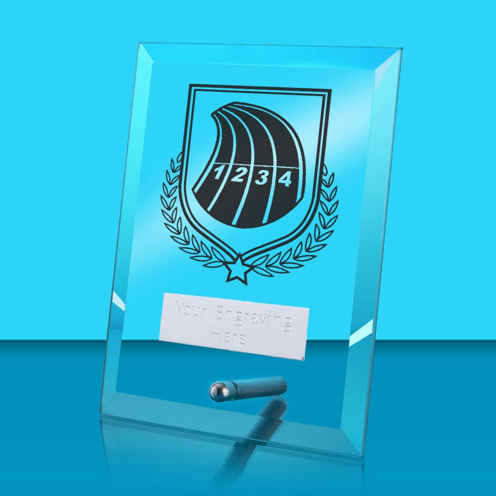 UV Colour Printed Athletics Glass Rectangle Award with Metal Pin