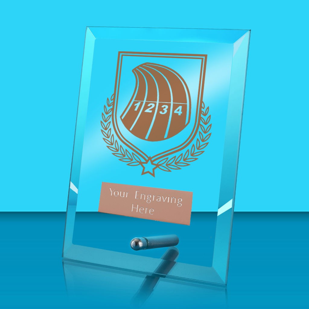 UV Colour Printed Athletics Glass Rectangle Award with Metal Pin