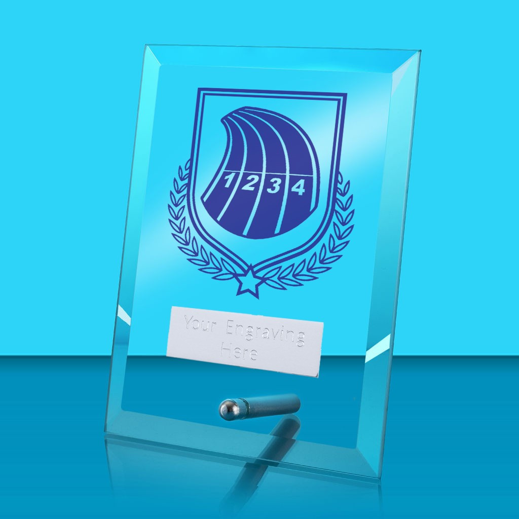 UV Colour Printed Athletics Glass Rectangle Award with Metal Pin