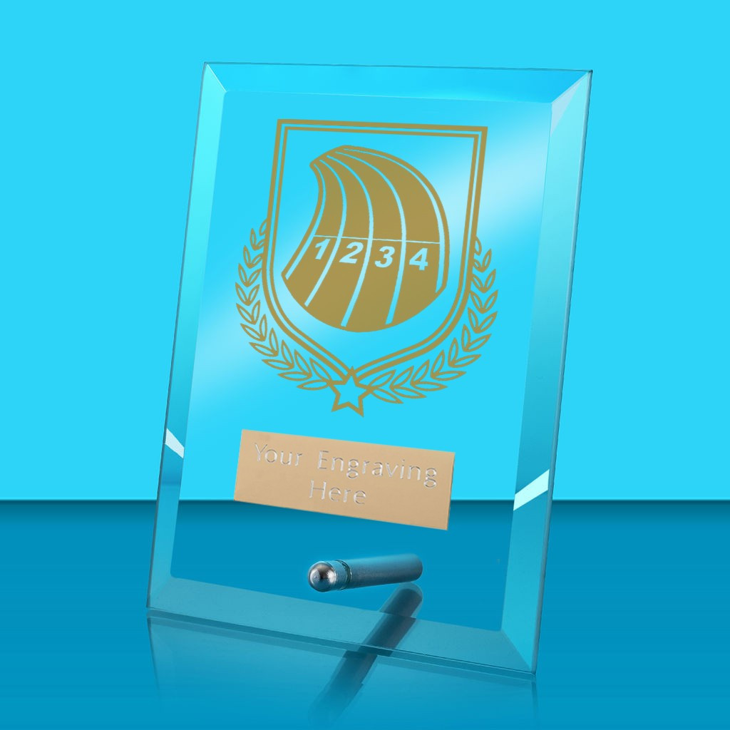 UV Colour Printed Athletics Glass Rectangle Award with Metal Pin