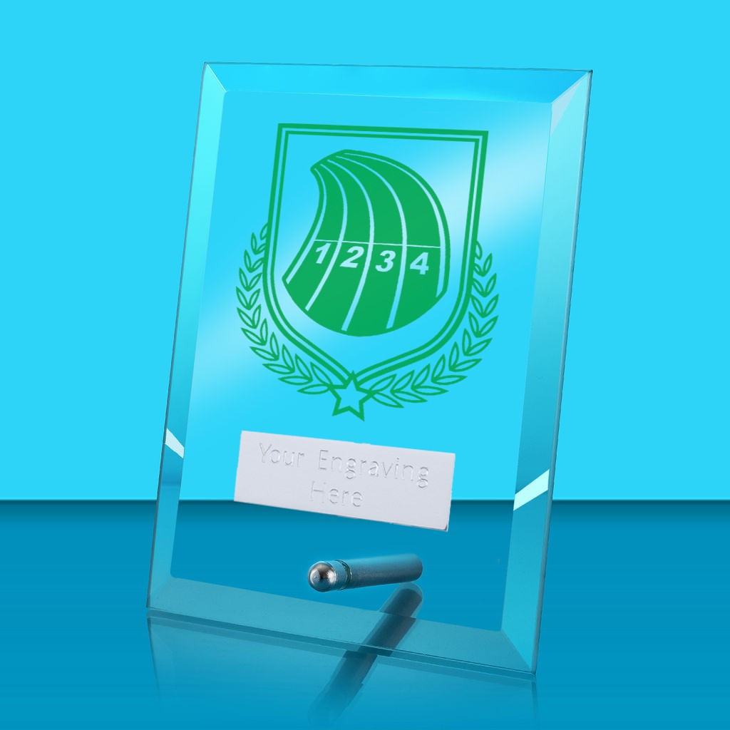 UV Colour Printed Athletics Glass Rectangle Award with Metal Pin
