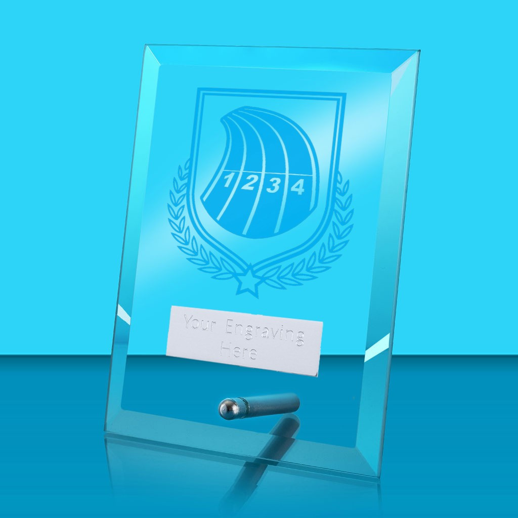UV Colour Printed Athletics Glass Rectangle Award with Metal Pin