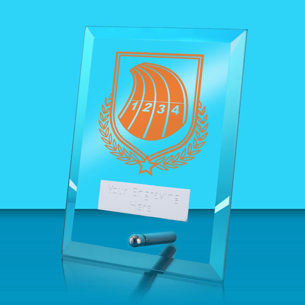 UV Colour Printed Athletics Glass Rectangle Award with Metal Pin