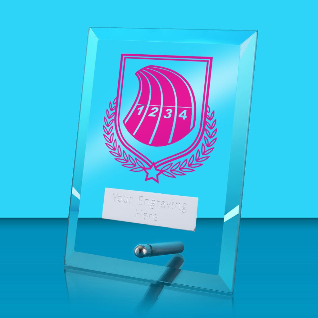 UV Colour Printed Athletics Glass Rectangle Award with Metal Pin