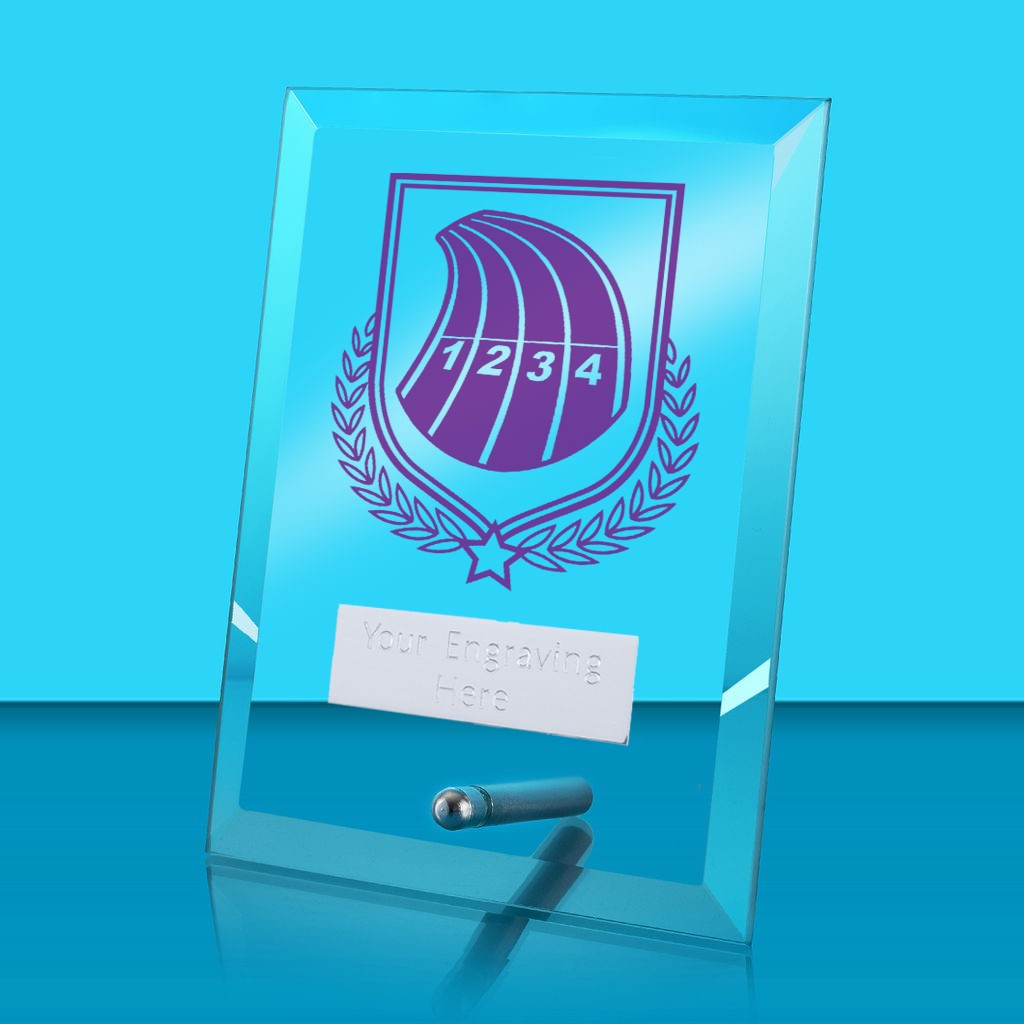 UV Colour Printed Athletics Glass Rectangle Award with Metal Pin