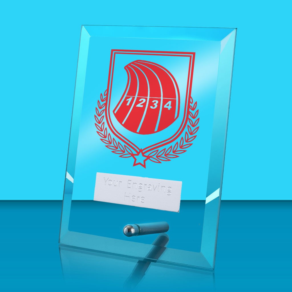 UV Colour Printed Athletics Glass Rectangle Award with Metal Pin
