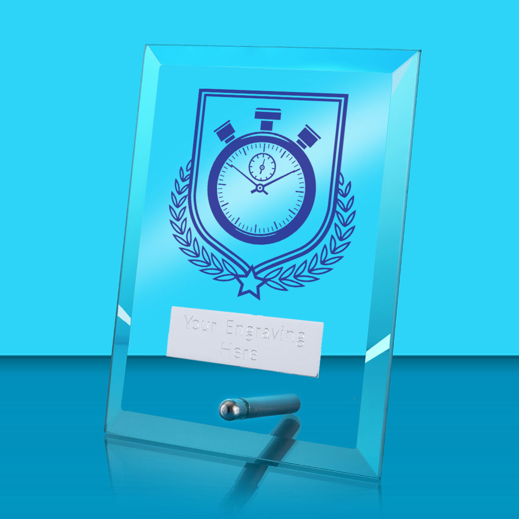 UV Colour Printed Athletics Glass Rectangle Award with Metal Pin