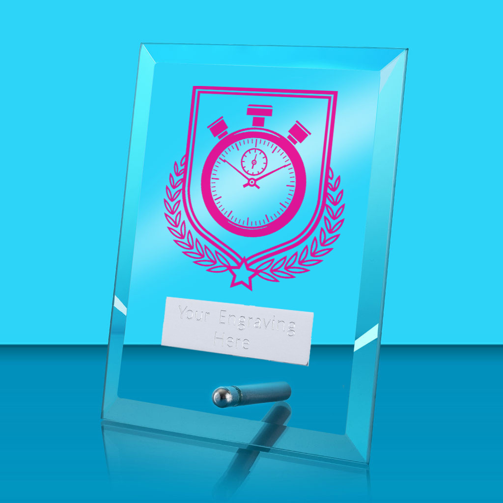 UV Colour Printed Athletics Glass Rectangle Award with Metal Pin
