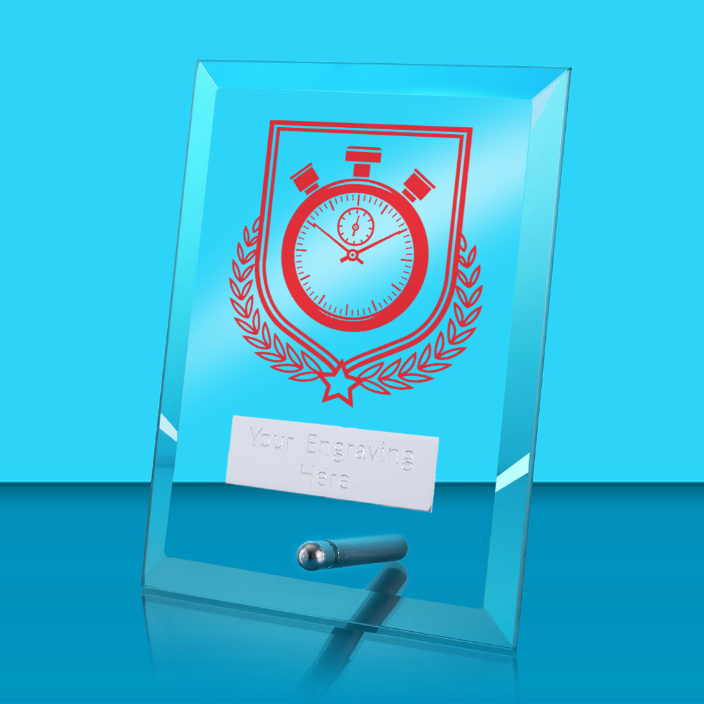 UV Colour Printed Athletics Glass Rectangle Award with Metal Pin