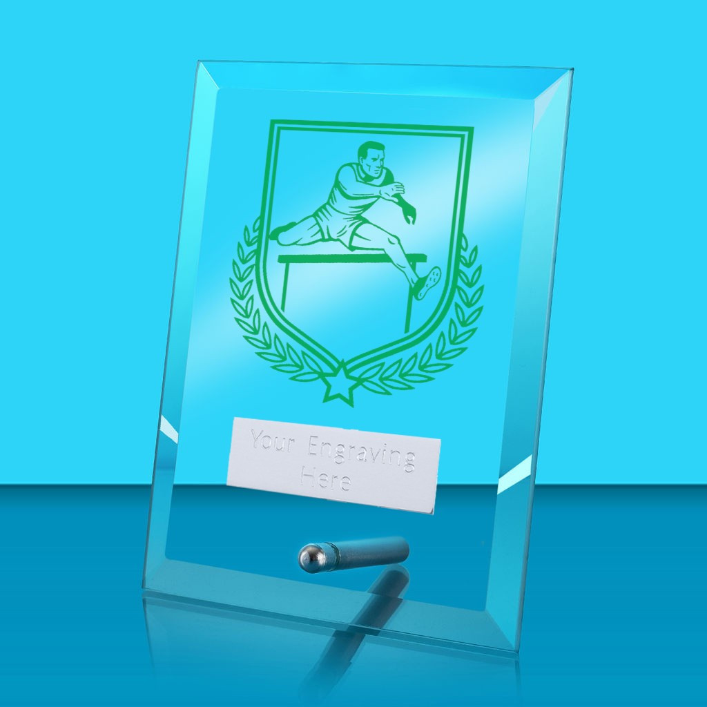 UV Colour Printed Male Hurdles Glass Rectangle Award with Metal Pin