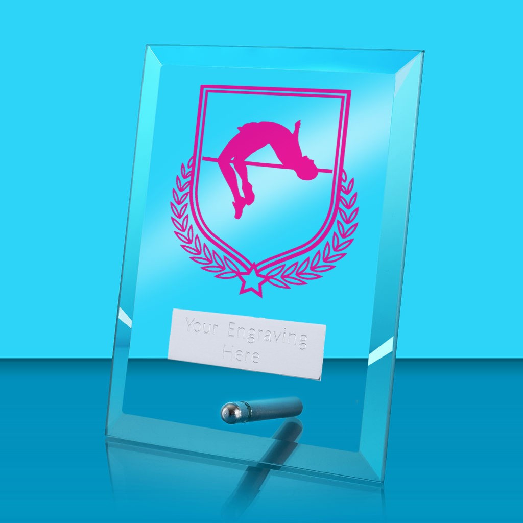 UV Colour Printed Pole Vault Glass Rectangle Award with Metal Pin