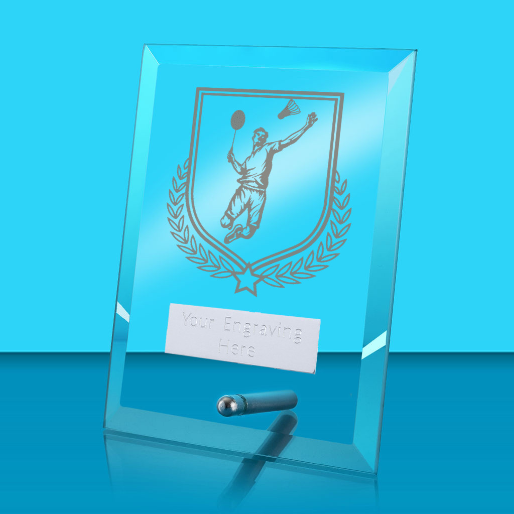 UV Colour Printed Badminton Glass Rectangle Award with Metal Pin