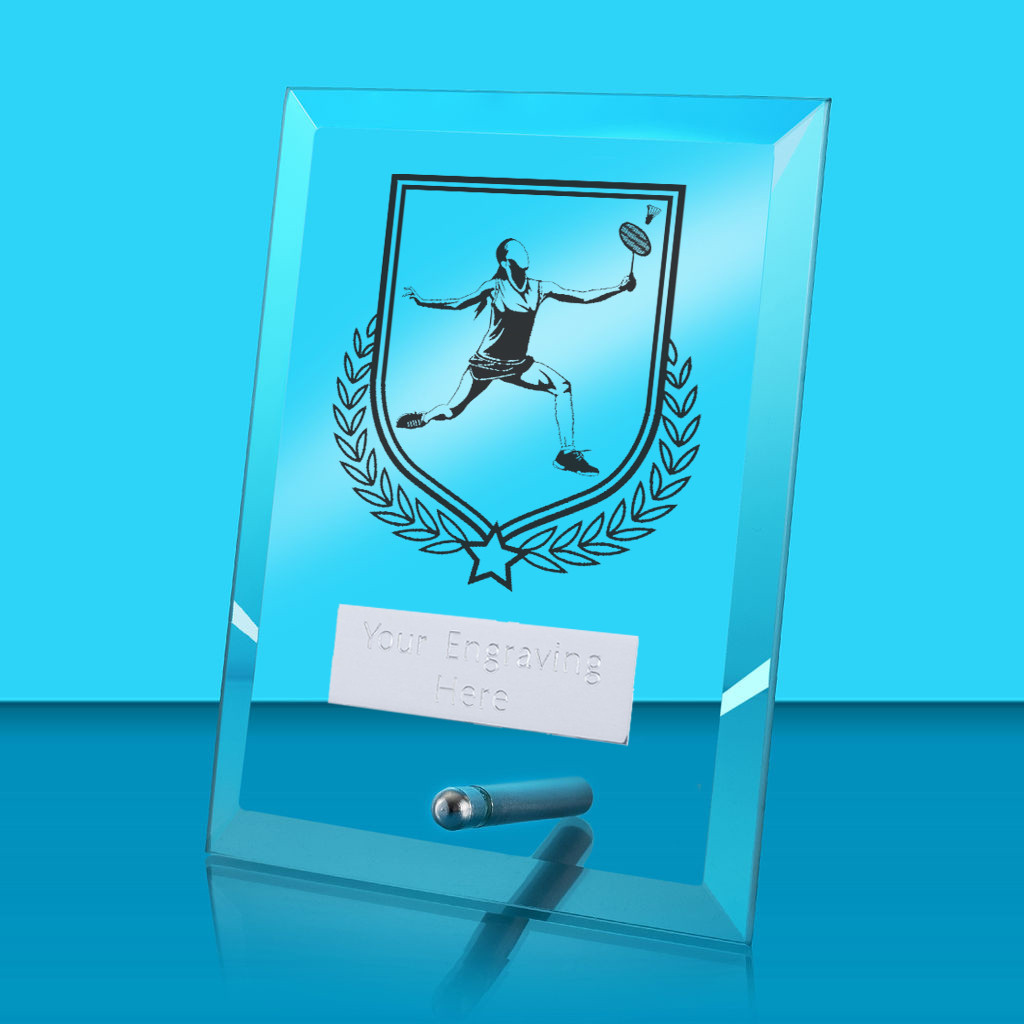 UV Colour Printed Badminton Glass Rectangle Award with Metal Pin