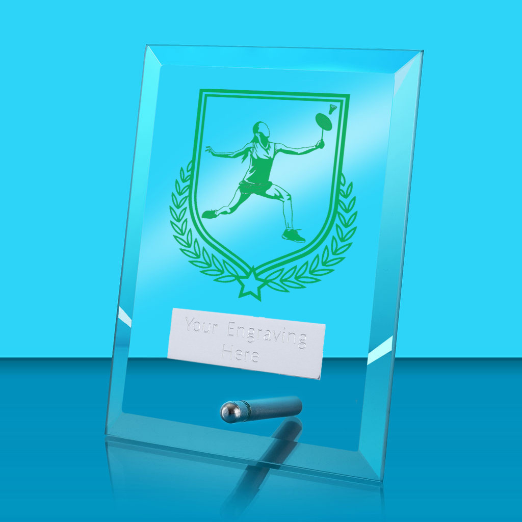 UV Colour Printed Badminton Glass Rectangle Award with Metal Pin
