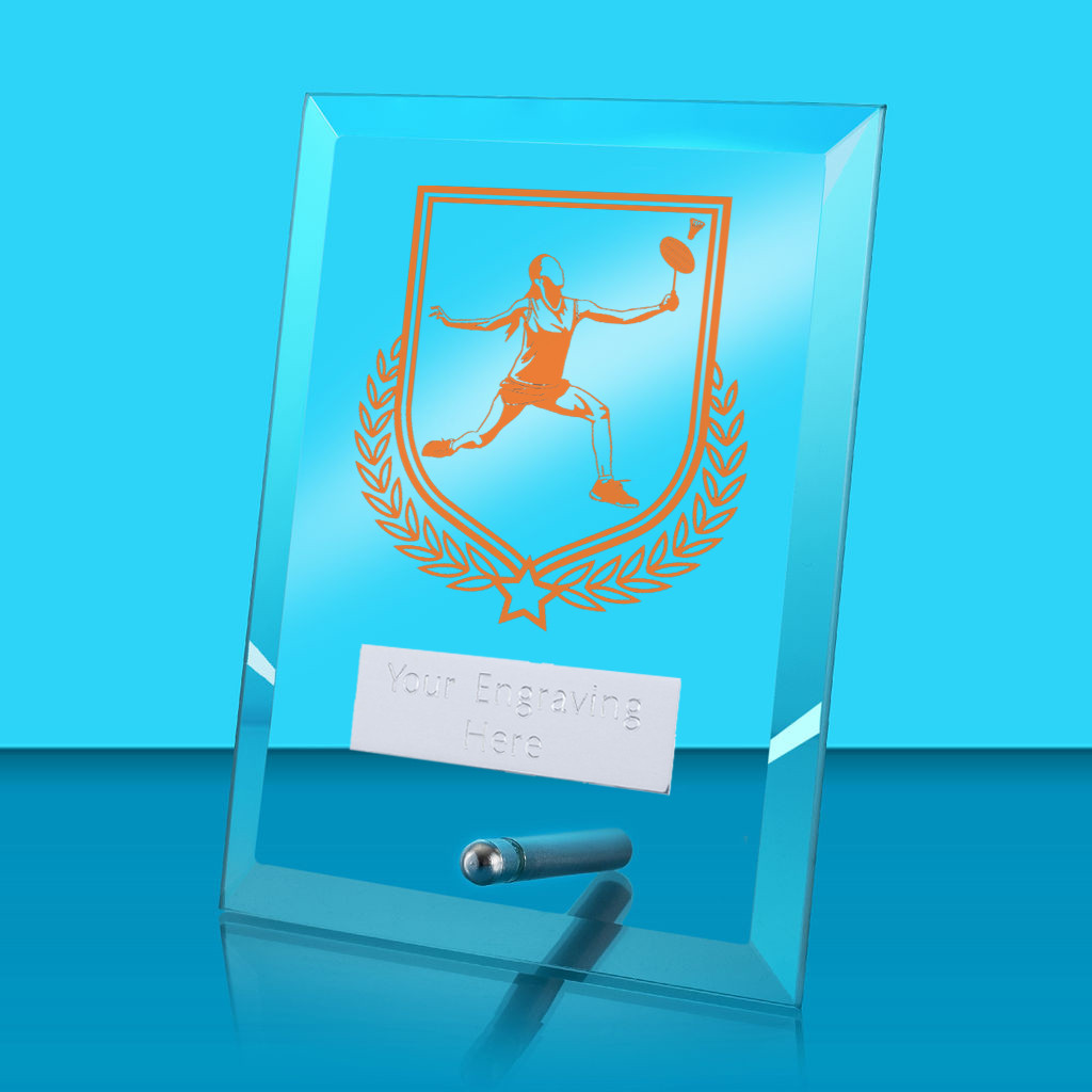 UV Colour Printed Badminton Glass Rectangle Award with Metal Pin