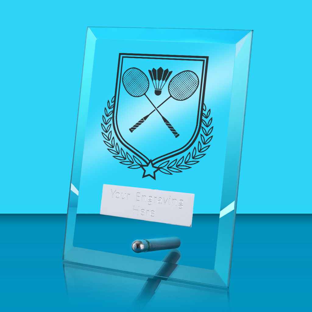 UV Colour Printed Badminton Glass Rectangle Award with Metal Pin