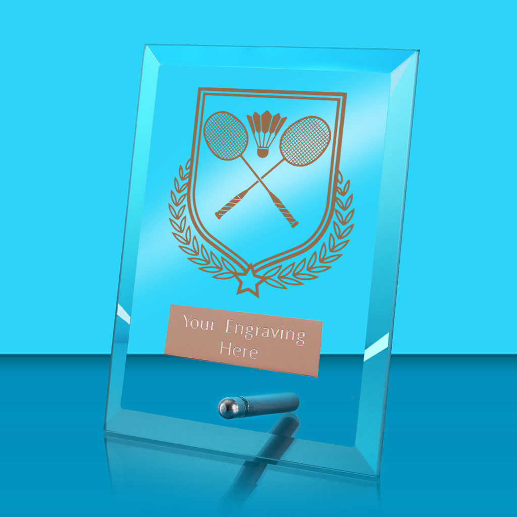 UV Colour Printed Badminton Glass Rectangle Award with Metal Pin