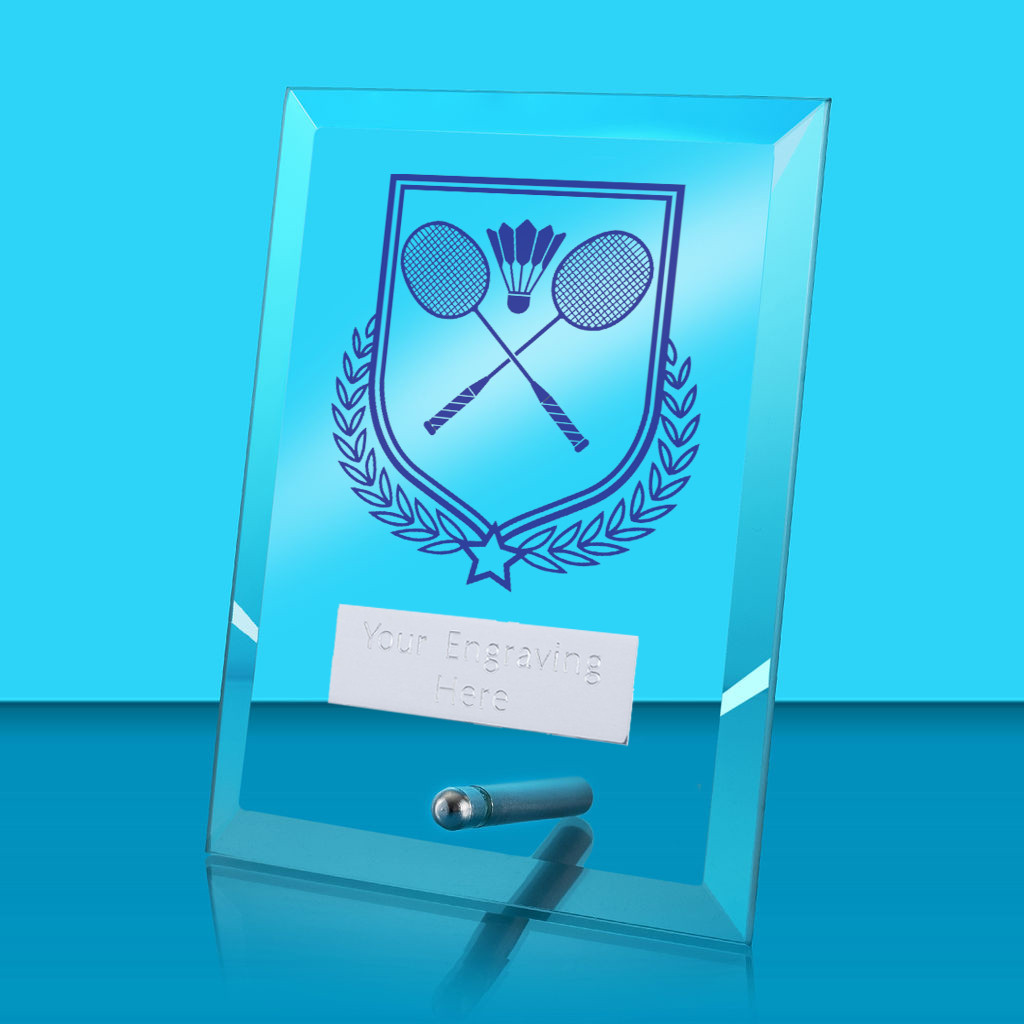 UV Colour Printed Badminton Glass Rectangle Award with Metal Pin