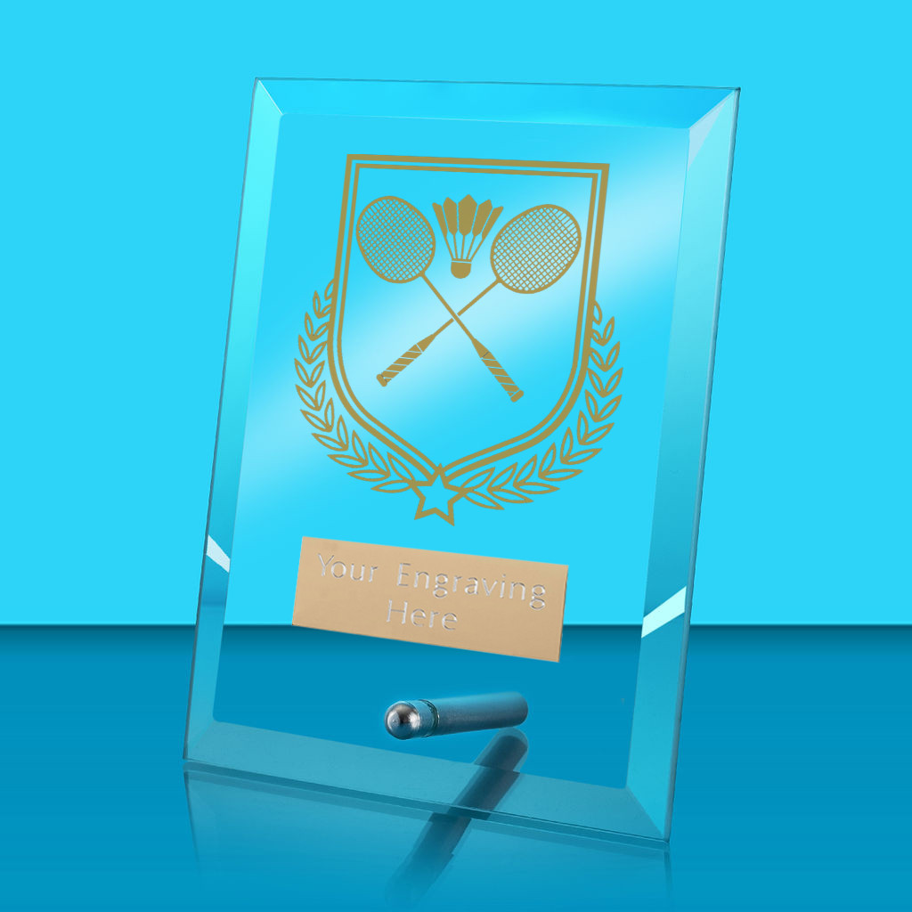 UV Colour Printed Badminton Glass Rectangle Award with Metal Pin