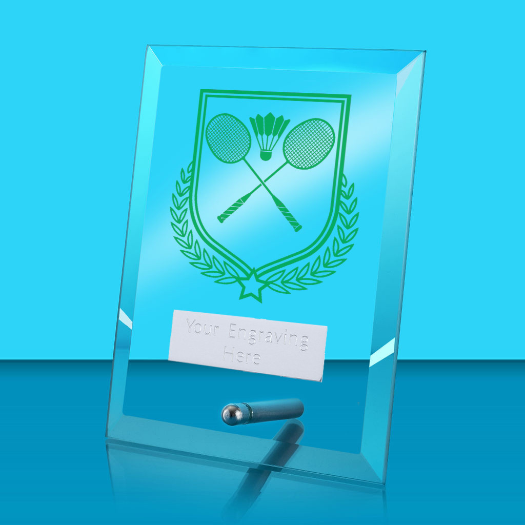 UV Colour Printed Badminton Glass Rectangle Award with Metal Pin