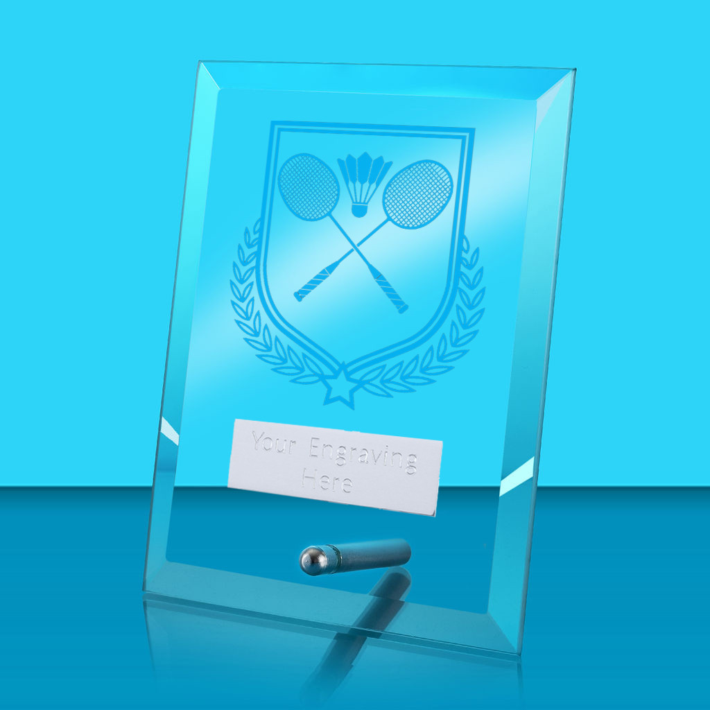 UV Colour Printed Badminton Glass Rectangle Award with Metal Pin