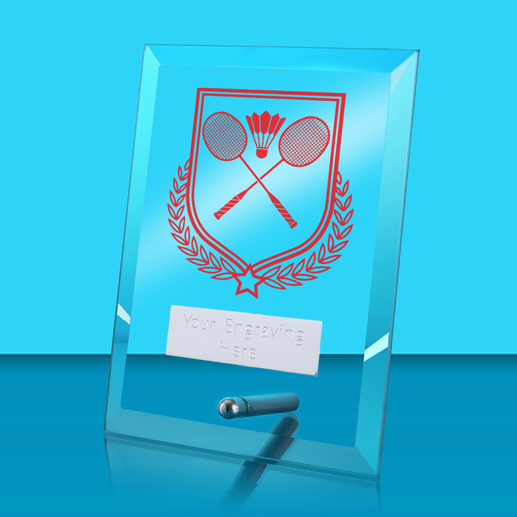 UV Colour Printed Badminton Glass Rectangle Award with Metal Pin