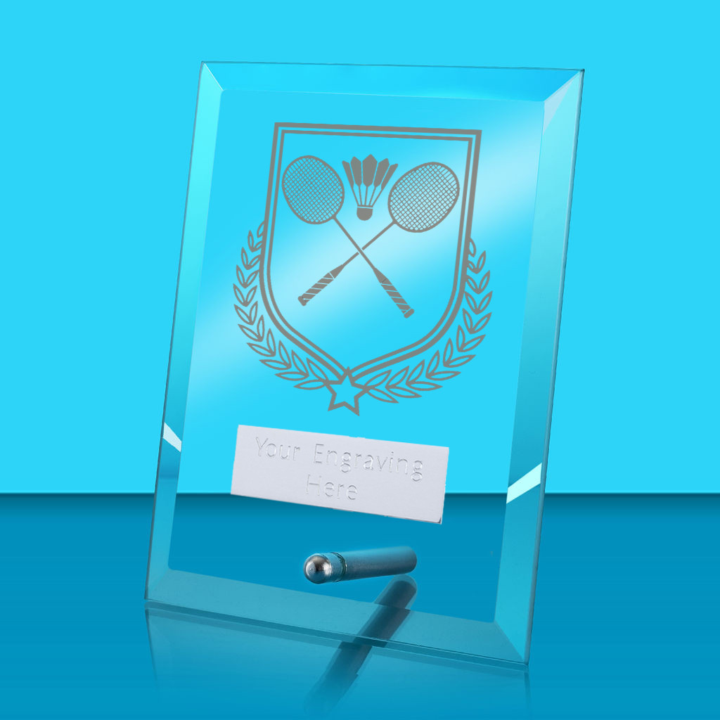 UV Colour Printed Badminton Glass Rectangle Award with Metal Pin