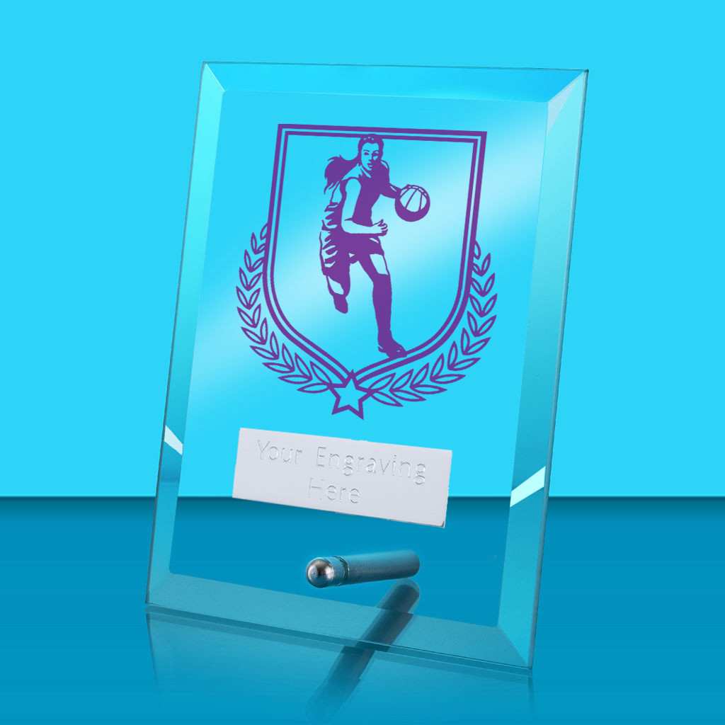 UV Colour Printed Basketball Glass Rectangle Award with Metal Pin