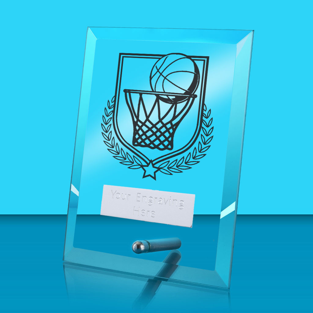 UV Colour Printed Basketball Glass Rectangle Award with Metal Pin