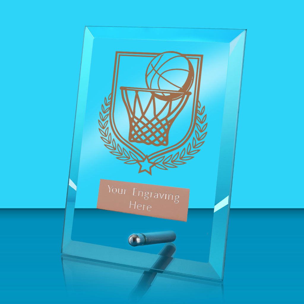 UV Colour Printed Basketball Glass Rectangle Award with Metal Pin