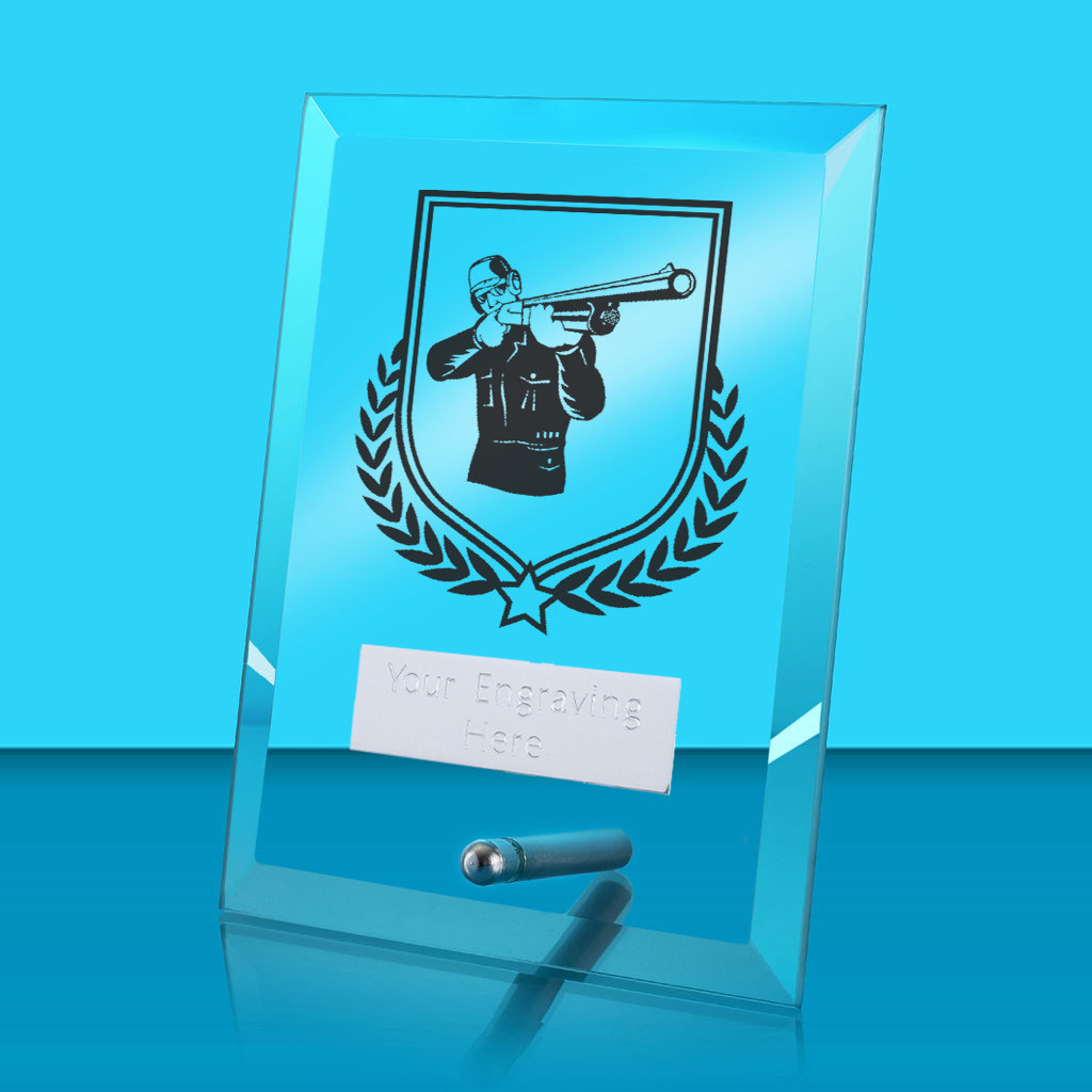 UV Colour Printed Clay Pigeon Shooting Glass Rectangle Award with Metal Pin