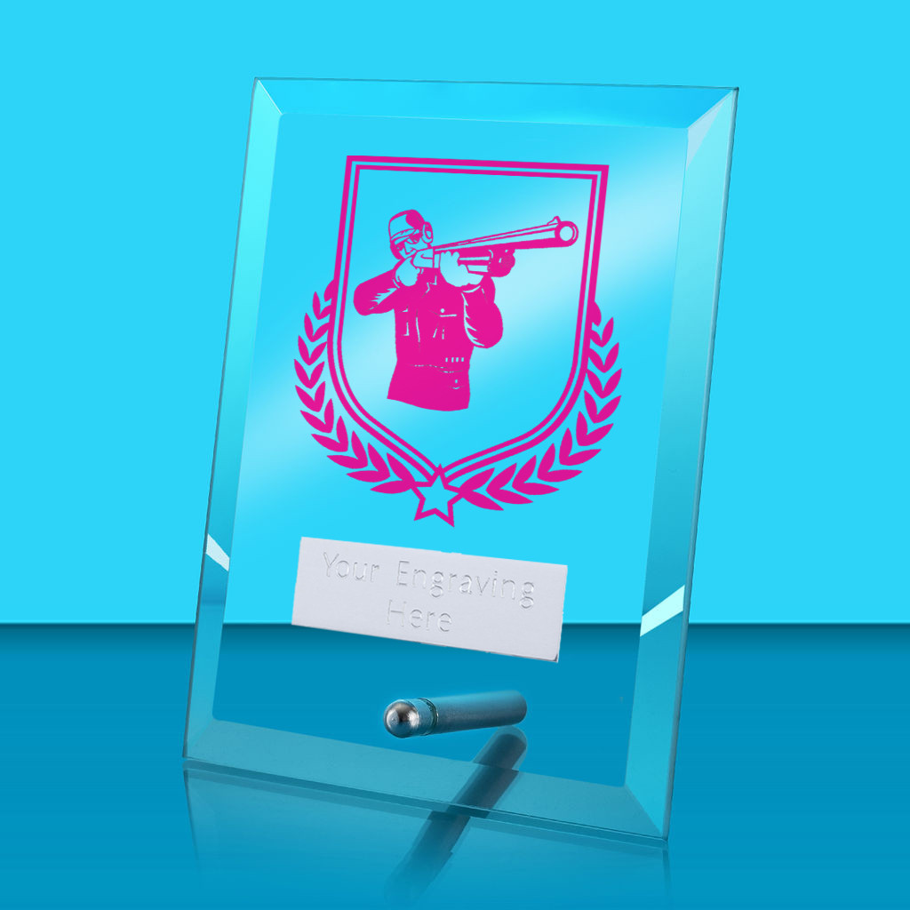 UV Colour Printed Clay Pigeon Shooting Glass Rectangle Award with Metal Pin